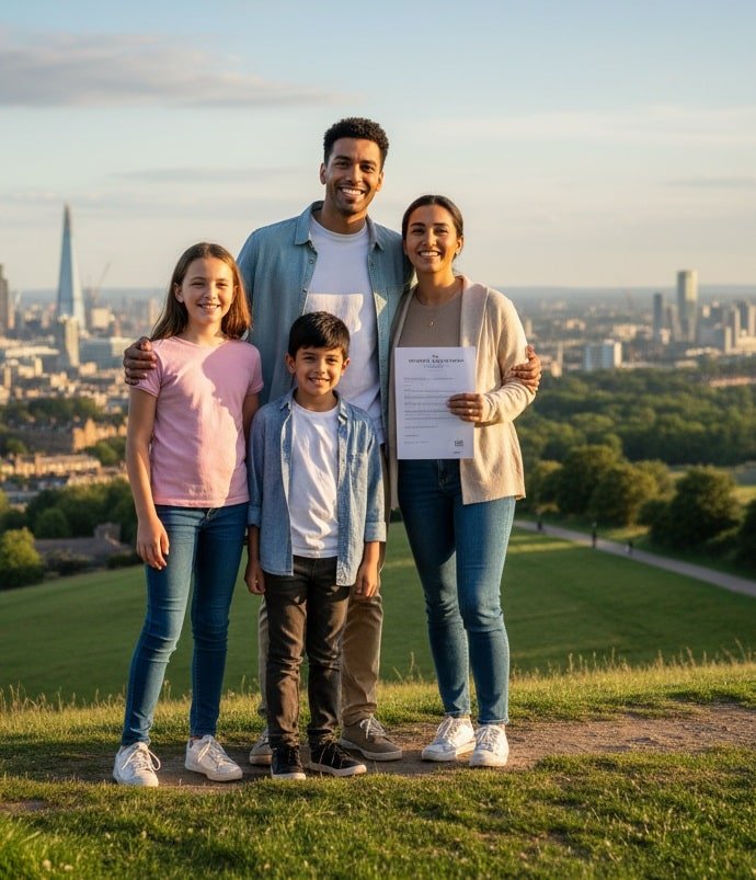 A family looking at the London skyline, their future in the UK secured by settled status.