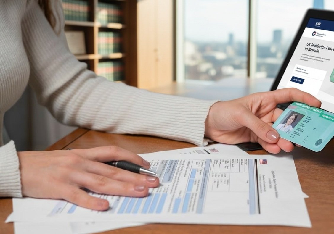 A person with their Indefinite Leave to Remain document on pc.