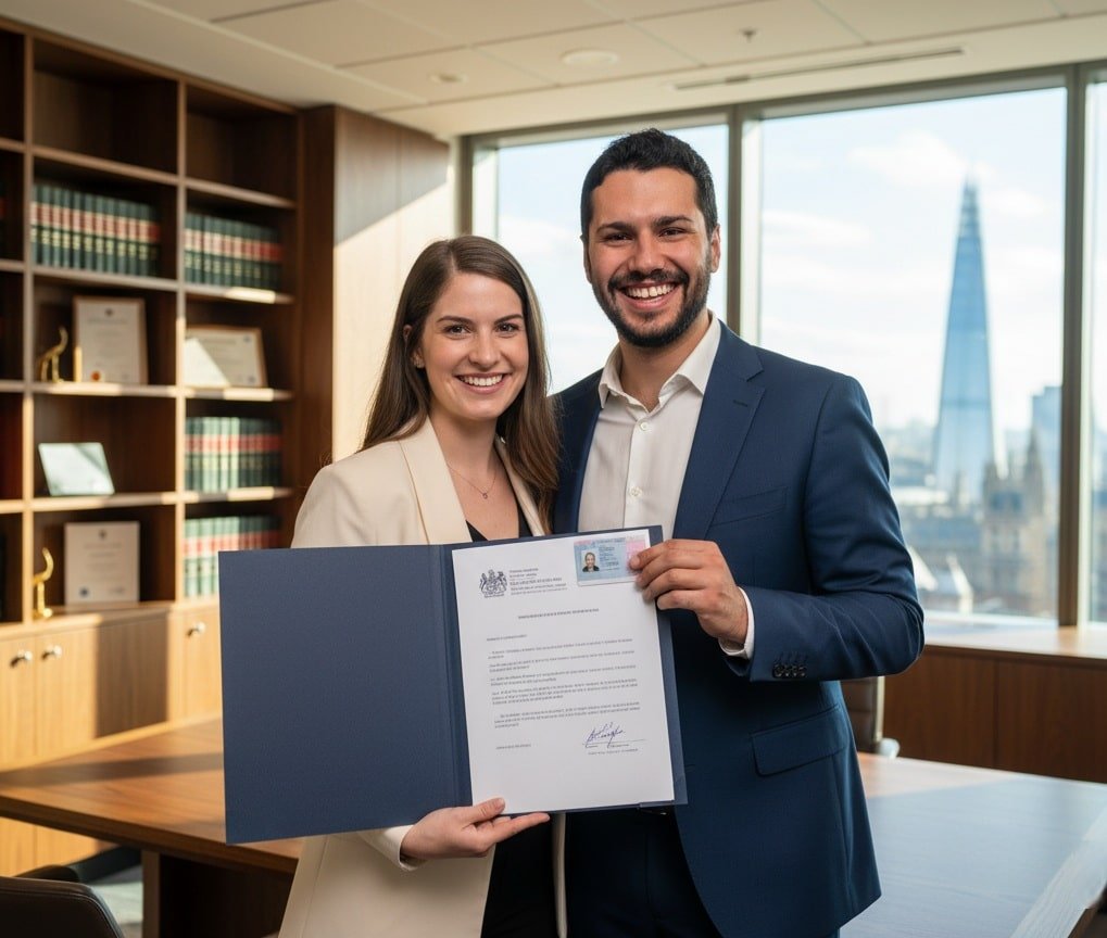 A happy couple in London, reunited through a successful UK Spouse Visa.