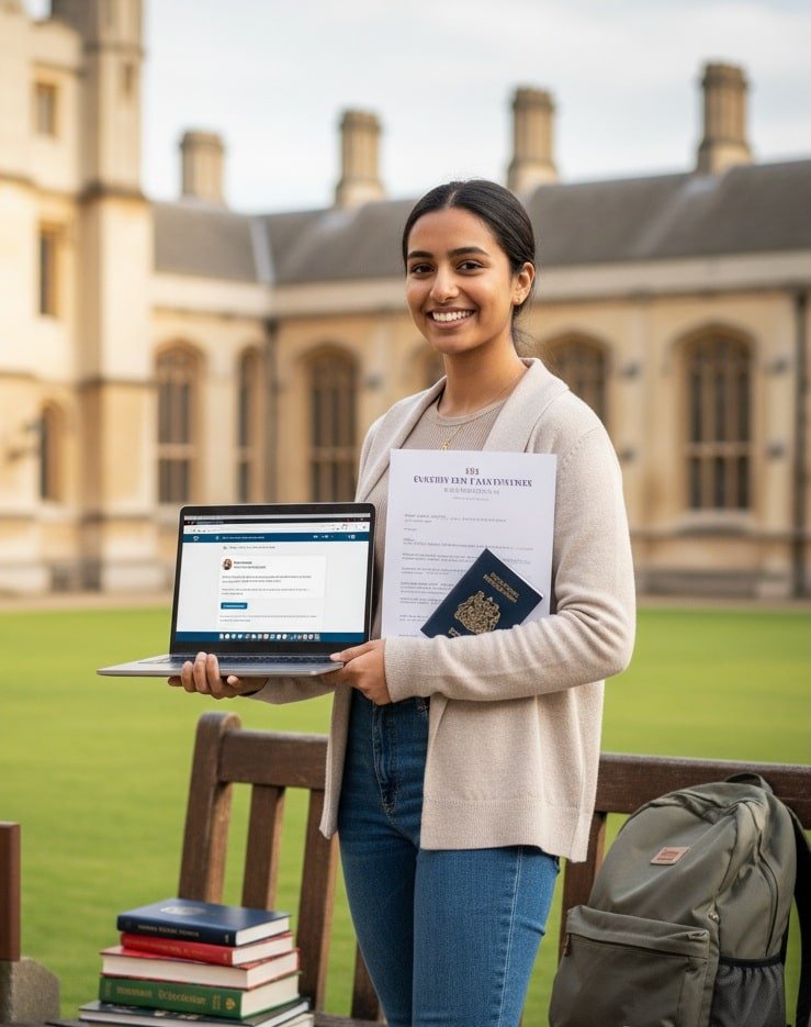 International students studying together at a UK university campus.